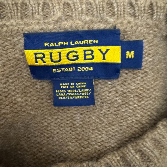Ralph Lauren Rugby Cable Suede-Patch Knit Wool Pullover Sweater Brown Size Med - Picture 6 of 8